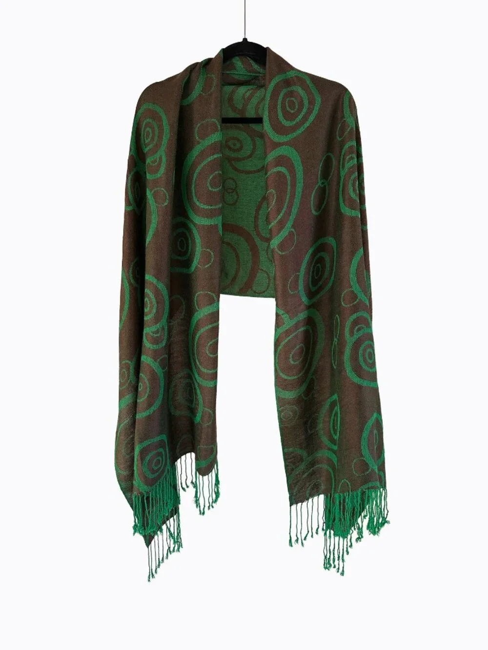 Vtg Pashmina Silk Blend Scarf Green Brown Circle Print Whimsigoth Fringe Shawl